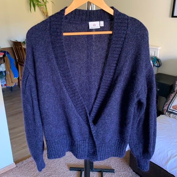 Adriano Goldschmied V-Neck Knit Cardigan Sweater Puff Sleeve Navy Women’s Small - Picture 1 of 7
